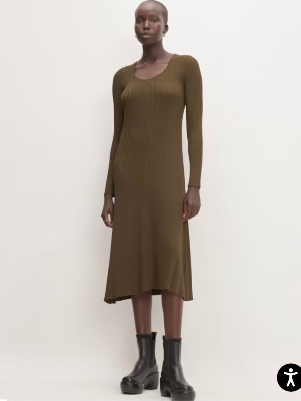 Everlane Olive Ribbed Long-Sleeve Scoopneck Midi Dress